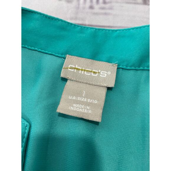 Chicos 1 Blouse Womens M Blue Long Bishop Sleeves Relaxed Fit V Neck Lightweight - Picture 2 of 10